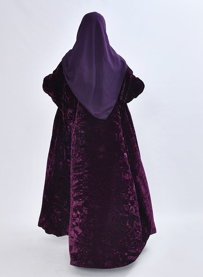 HAWRAA ABAYA Elegant quarter-bisht–style abaya crafted from luxurious velvet fabric in a rich purple color - Image 2